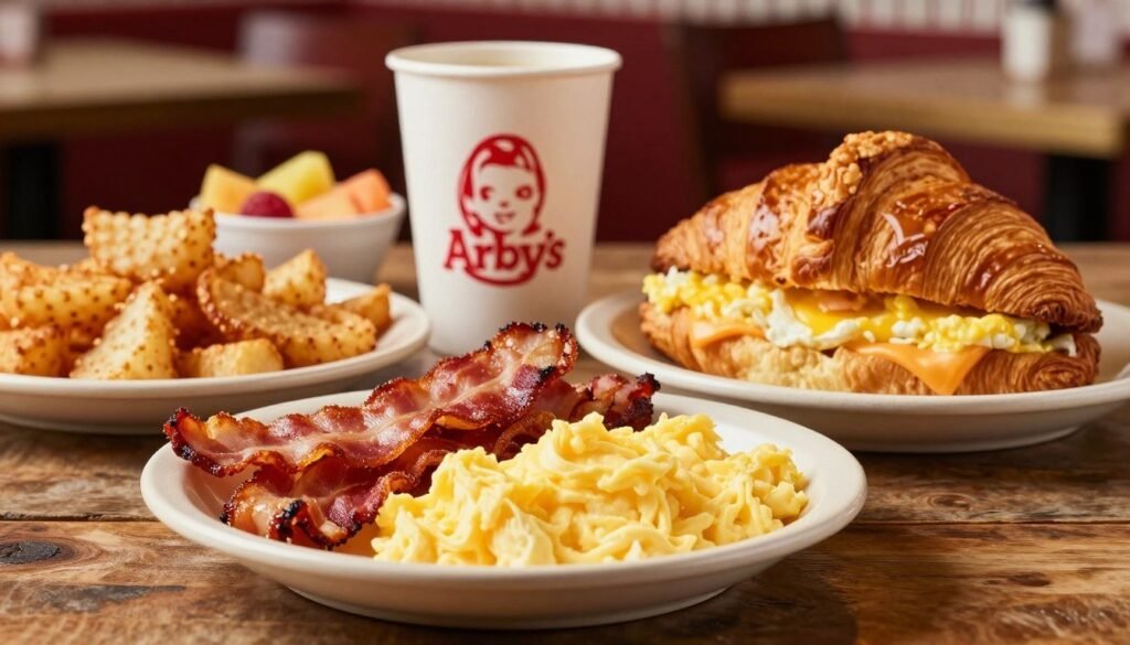A beautifully arranged Arby's breakfast spread, featuring a variety of mouthwatering items on a rustic wooden table. In the foreground, there are fluffy scrambled eggs, savory bacon, and crispy hash browns, all glistening with a golden hue. A fresh, toasted croissant sits next to a classic breakfast sandwich filled with egg and cheese. In the middle ground, an Arby's coffee cup adds warmth, alongside a small bowl of fruit. The background softly fades into a cozy diner setting, with warm ambient lighting enhancing the inviting atmosphere. Capture this scene from a slightly elevated angle, emphasizing the textures and colors of the food, creating a delicious and appetizing mood that highlights the joy of a hearty breakfast. A beautifully arranged Arby's breakfast spread, featuring a variety of mouthwatering items on a rustic wooden table. In the foreground, there are fluffy scrambled eggs, savory bacon, and crispy hash browns, all glistening with a golden hue. A fresh, toasted croissant sits next to a classic breakfast sandwich filled with egg and cheese. In the middle ground, an Arby's coffee cup adds warmth, alongside a small bowl of fruit. The background softly fades into a cozy diner setting, with warm ambient lighting enhancing the inviting atmosphere. Capture this scene from a slightly elevated angle, emphasizing the textures and colors of the food, creating a delicious and appetizing mood that highlights the joy of a hearty breakfast.