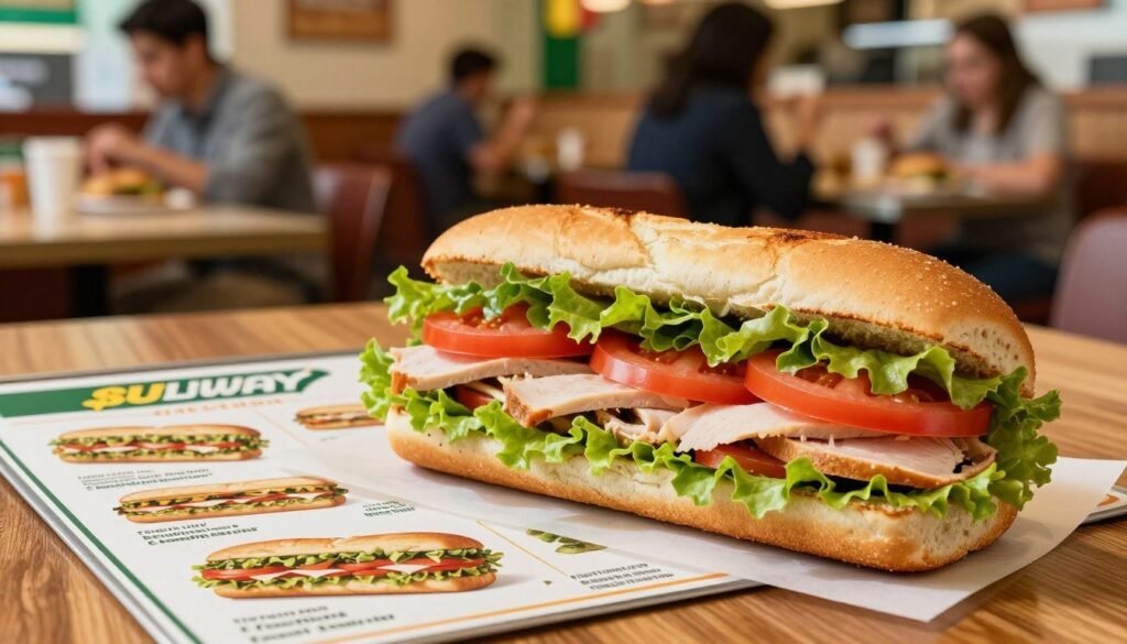 A beautifully arranged Subway $5 Footlong sandwich displayed prominently in the foreground, showcasing fresh ingredients like lettuce, tomatoes, and turkey stacked high in a soft, toasted hoagie bun. The sandwich glistens under soft, warm lighting, accentuating its appetizing appeal. In the middle ground, a wooden table adorned with a classic Subway menu featuring colorful images of various sandwiches, emphasizing value deals. In the background, blurs of a bustling Subway restaurant highlighting customers enjoying their meals, adding a sense of community and energy. The overall mood is cheerful and inviting, evoking a feeling of comfort and satisfaction with a focus on great value. Capture the scene with a slightly angled shot, simulating a dynamic perspective. Ensure the image remains free of any text, logos, or trademarks. A beautifully arranged Subway $5 Footlong sandwich displayed prominently in the foreground, showcasing fresh ingredients like lettuce, tomatoes, and turkey stacked high in a soft, toasted hoagie bun. The sandwich glistens under soft, warm lighting, accentuating its appetizing appeal. In the middle ground, a wooden table adorned with a classic Subway menu featuring colorful images of various sandwiches, emphasizing value deals. In the background, blurs of a bustling Subway restaurant highlighting customers enjoying their meals, adding a sense of community and energy. The overall mood is cheerful and inviting, evoking a feeling of comfort and satisfaction with a focus on great value. Capture the scene with a slightly angled shot, simulating a dynamic perspective. Ensure the image remains free of any text, logos, or trademarks.