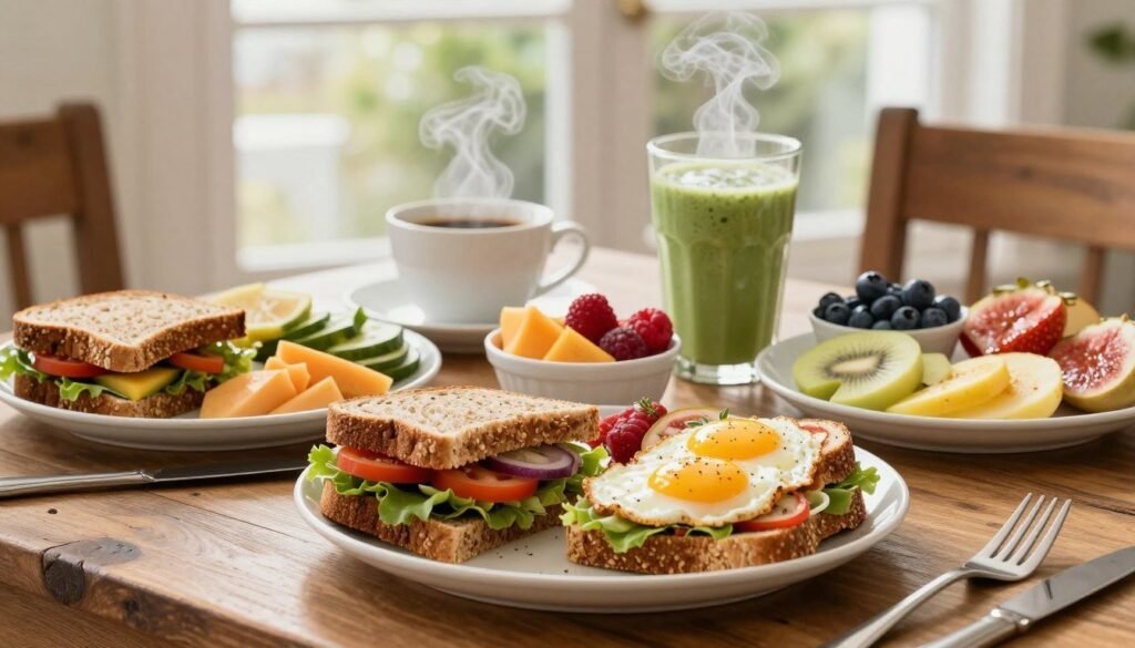 A beautifully arranged Subway breakfast spread on a rustic wooden table, showcasing a variety of healthy options. In the foreground, vibrant sandwiches featuring whole grain bread, fresh vegetables, and eggs, alongside colorfully garnished bowls of fruit. The middle layer highlights a steaming cup of coffee and a nutritious smoothie in a clear glass, exuding freshness. In the background, soft natural light filters through a large window, illuminating the scene and creating a warm, inviting atmosphere. The overall mood is energizing and wholesome, perfect for starting the day right. The image captures the essence of healthy breakfast choices, emphasizing nutrition and vitality. A beautifully arranged Subway breakfast spread on a rustic wooden table, showcasing a variety of healthy options. In the foreground, vibrant sandwiches featuring whole grain bread, fresh vegetables, and eggs, alongside colorfully garnished bowls of fruit. The middle layer highlights a steaming cup of coffee and a nutritious smoothie in a clear glass, exuding freshness. In the background, soft natural light filters through a large window, illuminating the scene and creating a warm, inviting atmosphere. The overall mood is energizing and wholesome, perfect for starting the day right. The image captures the essence of healthy breakfast choices, emphasizing nutrition and vitality.