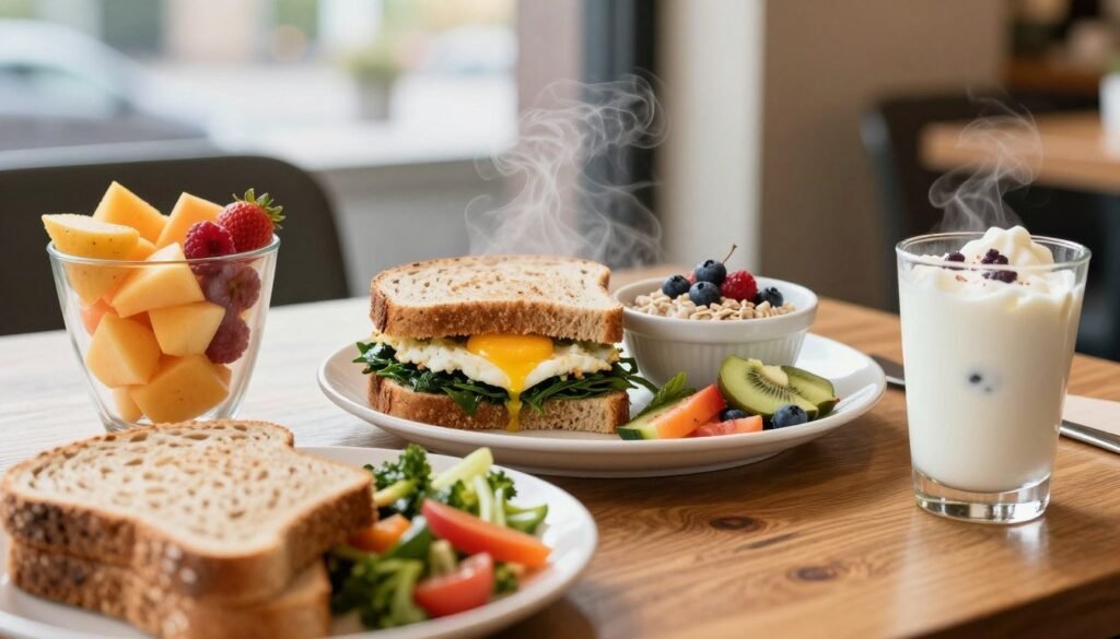 A beautifully arranged Subway breakfast spread on a wooden table, featuring a variety of healthy items such as a spinach and egg white sandwich, a colorful fruit cup, and a refreshing yogurt parfait. In the foreground, close-up shots of freshly baked whole grain bread and vibrant vegetables. The middle layer showcases an inviting plate, artfully plated with a steaming breakfast sandwich and a small bowl of oatmeal topped with berries. In the background, soft morning light filters through a cafe window, creating a warm and welcoming atmosphere. A subtle bokeh effect adds depth, highlighting the focus on the nutritious food. The scene conveys a sense of health and vitality, inviting viewers to enjoy a wholesome Subway breakfast. A beautifully arranged Subway breakfast spread on a wooden table, featuring a variety of healthy items such as a spinach and egg white sandwich, a colorful fruit cup, and a refreshing yogurt parfait. In the foreground, close-up shots of freshly baked whole grain bread and vibrant vegetables. The middle layer showcases an inviting plate, artfully plated with a steaming breakfast sandwich and a small bowl of oatmeal topped with berries. In the background, soft morning light filters through a cafe window, creating a warm and welcoming atmosphere. A subtle bokeh effect adds depth, highlighting the focus on the nutritious food. The scene conveys a sense of health and vitality, inviting viewers to enjoy a wholesome Subway breakfast.