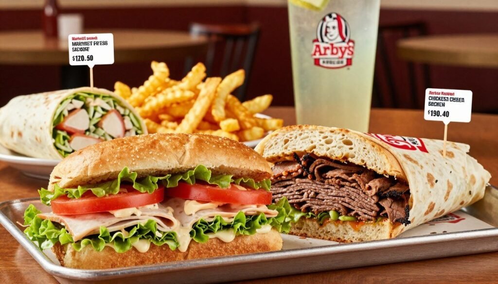 A beautifully arranged platter of Arby's Market Fresh Sandwiches, showcasing a variety of options like Turkey & Swiss, Classic Roast Beef, and a Chicken Caesar Wrap. The foreground features a close-up of two sandwiches, highlighting fresh ingredients like crisp lettuce, juicy tomatoes, and creamy sauces. In the middle ground, display a balanced meal setting with a side of curly fries and a soft drink, while nutritious labels subtly overlay the food items, emphasizing their calorie counts and ingredients without displaying any text. The background includes an inviting, warm restaurant ambiance with wooden tables and soft, diffused lighting that enhances the appetizing colors of the food. The overall mood is friendly and appetizing, appealing to health-conscious consumers. A beautifully arranged platter of Arby's Market Fresh Sandwiches, showcasing a variety of options like Turkey & Swiss, Classic Roast Beef, and a Chicken Caesar Wrap. The foreground features a close-up of two sandwiches, highlighting fresh ingredients like crisp lettuce, juicy tomatoes, and creamy sauces. In the middle ground, display a balanced meal setting with a side of curly fries and a soft drink, while nutritious labels subtly overlay the food items, emphasizing their calorie counts and ingredients without displaying any text. The background includes an inviting, warm restaurant ambiance with wooden tables and soft, diffused lighting that enhances the appetizing colors of the food. The overall mood is friendly and appetizing, appealing to health-conscious consumers.