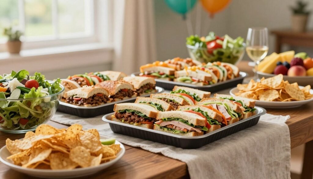 A beautifully arranged spread of Subway party trays, featuring a colorful assortment of sandwiches including meatball marinara, turkey, veggie delight, and classic Italian, each cut into bite-sized portions. Surrounding the trays, a variety of side options like crisp, fresh salads, crunchy chips, and vibrant fruit platters are neatly displayed. The foreground captures a wooden table dressed with a light, neutral tablecloth, while the middle ground showcases the trays in an inviting, well-lit setting. The background features soft bokeh effects of blurred party decorations, suggesting a cheerful event atmosphere. Natural light streams in from a window, creating a warm and inviting glow, enhancing the appetizing display. The overall mood is festive and welcoming, perfect for a catering scene. A beautifully arranged spread of Subway party trays, featuring a colorful assortment of sandwiches including meatball marinara, turkey, veggie delight, and classic Italian, each cut into bite-sized portions. Surrounding the trays, a variety of side options like crisp, fresh salads, crunchy chips, and vibrant fruit platters are neatly displayed. The foreground captures a wooden table dressed with a light, neutral tablecloth, while the middle ground showcases the trays in an inviting, well-lit setting. The background features soft bokeh effects of blurred party decorations, suggesting a cheerful event atmosphere. Natural light streams in from a window, creating a warm and inviting glow, enhancing the appetizing display. The overall mood is festive and welcoming, perfect for a catering scene.