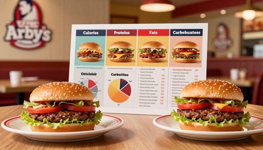 A beautifully arranged table showcasing Arby's burger nutritional information, featuring a vibrant, neatly designed infographic with colorful sections that highlight calories, fats, proteins, and carbohydrates for various burgers. In the foreground, include a stylized plate presenting an Arby's burger, garnished with fresh lettuce and tomatoes. The middle ground captures the infographic itself, designed with clear, easy-to-read layouts and visually appealing charts. In the background, a soft-focus of Arby's restaurant decor, emphasizing a warm and inviting atmosphere. Utilize warm lighting to create an inviting, appetizing mood, captured at a slight angle for dynamic composition, evoking a sense of flavor and satisfaction associated with dining at Arby's. A beautifully arranged table showcasing Arby's burger nutritional information, featuring a vibrant, neatly designed infographic with colorful sections that highlight calories, fats, proteins, and carbohydrates for various burgers. In the foreground, include a stylized plate presenting an Arby's burger, garnished with fresh lettuce and tomatoes. The middle ground captures the infographic itself, designed with clear, easy-to-read layouts and visually appealing charts. In the background, a soft-focus of Arby's restaurant decor, emphasizing a warm and inviting atmosphere. Utilize warm lighting to create an inviting, appetizing mood, captured at a slight angle for dynamic composition, evoking a sense of flavor and satisfaction associated with dining at Arby's.
