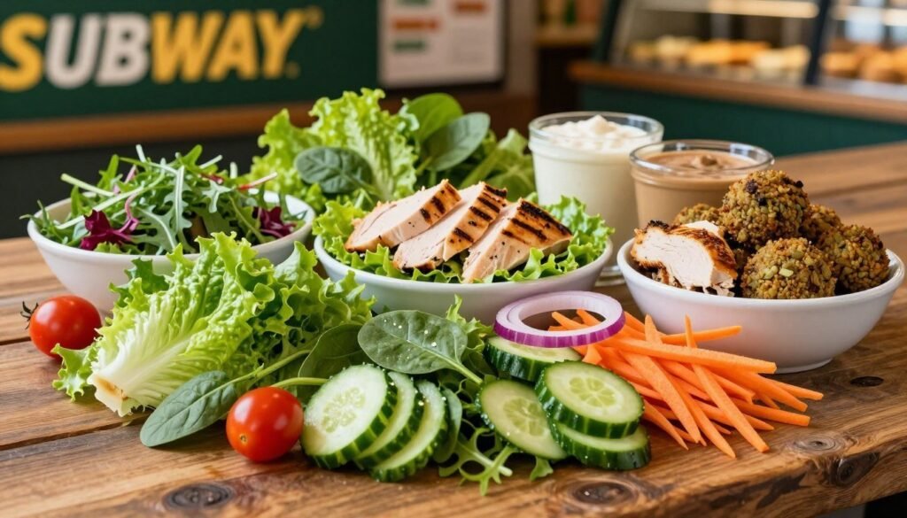 A bright, vibrant display of fresh Subway salad ingredients arranged artfully on a rustic wooden table. In the foreground, a variety of crisp greens such as romaine lettuce, spinach, and arugula, interspersed with colorful toppings like cherry tomatoes, cucumber slices, red onion rings, and shredded carrots. In the middle ground, bowls filled with protein options like grilled chicken, turkey, and falafel, alongside creamy dressings in glass containers. The background features a blurred hint of a Subway sandwich shop with warm, inviting lighting to create a cozy atmosphere. Soft focus on the edges enhances the freshness of the ingredients, while a slight overhead angle captures the variety and abundance, inviting viewers to customize their perfect salad.