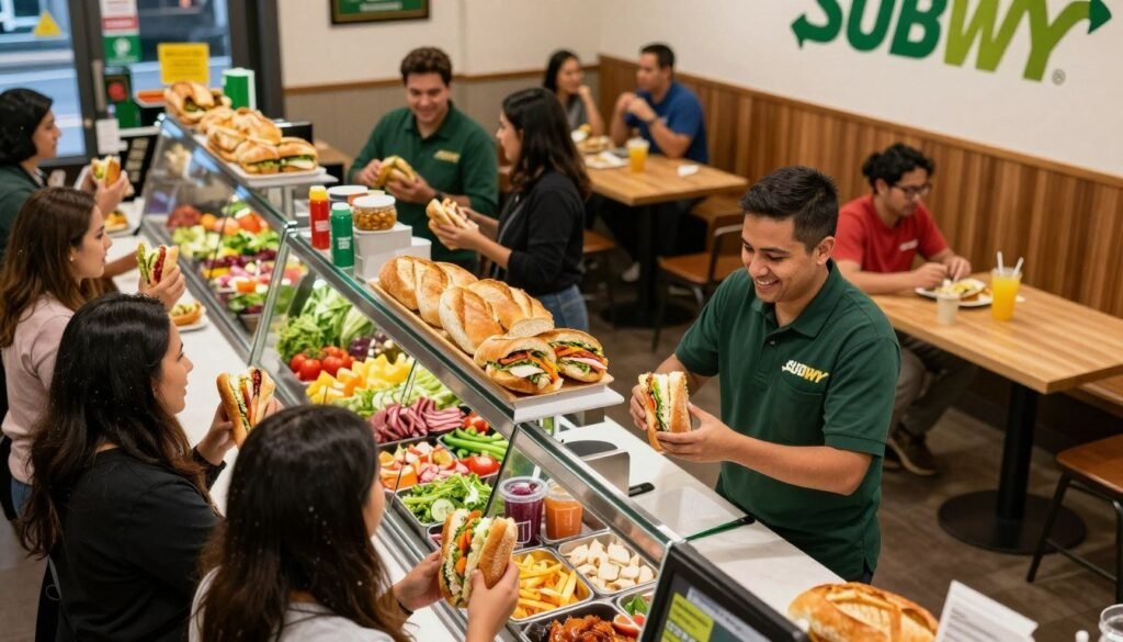 A busy Subway sandwich shop interior, filled with vibrant colors and the enticing aroma of fresh bread. In the foreground, a friendly staff member in a professional uniform stands behind the counter, smiling as they assist a diverse group of customers ordering sandwiches. The middle ground features a variety of ingredients displayed in sleek glass cases, showcasing fresh vegetables, meats, and condiments. In the background, customers chat excitedly while others enjoy their meals at wooden tables. Soft, warm lighting illuminates the scene, creating a welcoming atmosphere. The angle is slightly elevated, capturing the dynamic interaction between staff and customers and emphasizing the vibrant energy of the Subway experience. A busy Subway sandwich shop interior, filled with vibrant colors and the enticing aroma of fresh bread. In the foreground, a friendly staff member in a professional uniform stands behind the counter, smiling as they assist a diverse group of customers ordering sandwiches. The middle ground features a variety of ingredients displayed in sleek glass cases, showcasing fresh vegetables, meats, and condiments. In the background, customers chat excitedly while others enjoy their meals at wooden tables. Soft, warm lighting illuminates the scene, creating a welcoming atmosphere. The angle is slightly elevated, capturing the dynamic interaction between staff and customers and emphasizing the vibrant energy of the Subway experience.