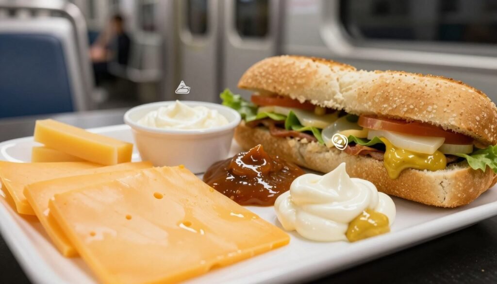 A close-up composition featuring various types of cheese, sauces, and condiments found in subway sandwiches, artistically arranged on a clean, white platter. The foreground highlights a creamy cheddar cheese slice, a drizzle of zesty chipotle sauce, and dollops of tangy mustard and mayonnaise, all glistening under soft, natural lighting. In the middle ground, various allergen icons (like peanuts, dairy, and gluten) are subtly integrated into the scene, illustrating potential allergens without being intrusive. The background is a blurred subway interior, with comfortable seating and ambient lighting, emphasizing the context of a subway dining experience. The overall mood is informative yet inviting, evoking curiosity about food choices while maintaining a professional aesthetic. A close-up composition featuring various types of cheese, sauces, and condiments found in subway sandwiches, artistically arranged on a clean, white platter. The foreground highlights a creamy cheddar cheese slice, a drizzle of zesty chipotle sauce, and dollops of tangy mustard and mayonnaise, all glistening under soft, natural lighting. In the middle ground, various allergen icons (like peanuts, dairy, and gluten) are subtly integrated into the scene, illustrating potential allergens without being intrusive. The background is a blurred subway interior, with comfortable seating and ambient lighting, emphasizing the context of a subway dining experience. The overall mood is informative yet inviting, evoking curiosity about food choices while maintaining a professional aesthetic.