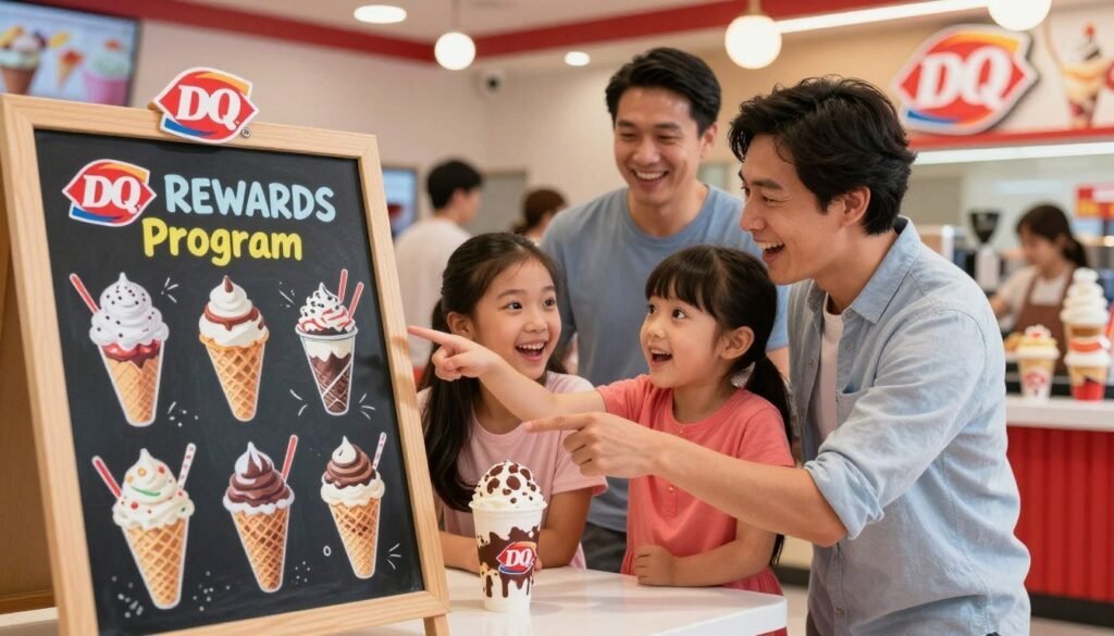 A colorful and inviting Dairy Queen scene showcasing the DQ Rewards Program, set in a family-friendly Dairy Queen restaurant. In the foreground, feature a chalkboard menu displaying enticing pictures of various Blizzard flavors, with illustrations of toppings and vibrant colors. In the middle, depict a happy family excitedly pointing at the menu, dressed in casual clothing, embodying joy and anticipation. In the background, include a view of the classic Dairy Queen counter adorned with signature ice cream treats and a DQ logo. The lighting should be warm and inviting, suggesting a sunny afternoon, with soft focus on the background. Capture a cheerful, vibrant atmosphere that illustrates the rewarding experience of indulging in free Blizzards through the rewards program. A colorful and inviting Dairy Queen scene showcasing the DQ Rewards Program, set in a family-friendly Dairy Queen restaurant. In the foreground, feature a chalkboard menu displaying enticing pictures of various Blizzard flavors, with illustrations of toppings and vibrant colors. In the middle, depict a happy family excitedly pointing at the menu, dressed in casual clothing, embodying joy and anticipation. In the background, include a view of the classic Dairy Queen counter adorned with signature ice cream treats and a DQ logo. The lighting should be warm and inviting, suggesting a sunny afternoon, with soft focus on the background. Capture a cheerful, vibrant atmosphere that illustrates the rewarding experience of indulging in free Blizzards through the rewards program.