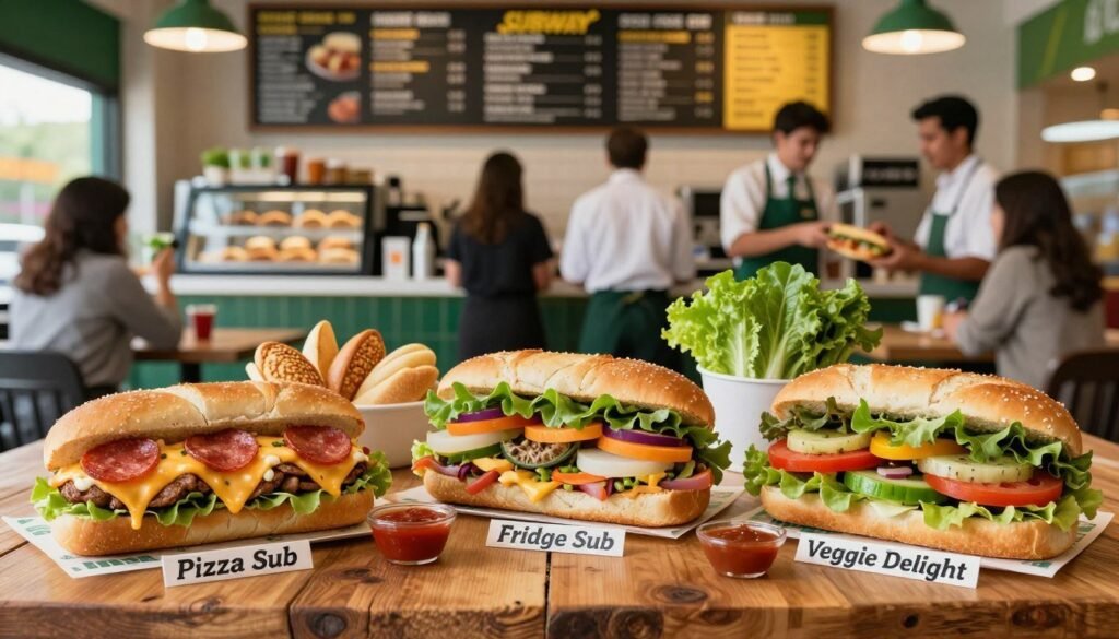 A colorful, inviting scene showcasing unique Subway secret menu items displayed on a rustic wood table. In the foreground, there are creative sandwiches like the "Pizza Sub" with melted cheese and pepperoni, the "Fridge Sub" filled with various leftovers, and the "Veggie Delight" overflowing with fresh, vibrant vegetables. The middle ground features detailed ingredients like fresh bread rolls, leafy greens, and sauces artfully arranged. In the background, a soft-focus Subway restaurant interior with bright lighting illuminates the menu board and enthusiastic staff in professional attire interacting with customers. The mood is playful and intriguing, inviting viewers to explore different sandwich options while highlighting the theme of secret menu hacks. The composition is shot from a slightly elevated angle to capture depth and detail. A colorful, inviting scene showcasing unique Subway secret menu items displayed on a rustic wood table. In the foreground, there are creative sandwiches like the "Pizza Sub" with melted cheese and pepperoni, the "Fridge Sub" filled with various leftovers, and the "Veggie Delight" overflowing with fresh, vibrant vegetables. The middle ground features detailed ingredients like fresh bread rolls, leafy greens, and sauces artfully arranged. In the background, a soft-focus Subway restaurant interior with bright lighting illuminates the menu board and enthusiastic staff in professional attire interacting with customers. The mood is playful and intriguing, inviting viewers to explore different sandwich options while highlighting the theme of secret menu hacks. The composition is shot from a slightly elevated angle to capture depth and detail.