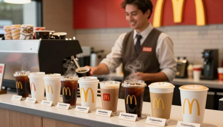 A cozy McDonald's coffee counter displaying an array of coffee options, including different sizes of coffee cups and their respective prices elegantly labeled beside each cup. The foreground features a visually appealing lineup of coffee beverages, from a steaming cup of black coffee to a creamy cappuccino, each in branded McDonald's cups. In the middle, a friendly barista in a smart uniform stands behind the counter, offering a welcoming smile as they prepare coffee. The background showcases the recognizable red and yellow McDonald's branding, along with a subtle hint of the restaurant interior, creating a warm and inviting atmosphere. The lighting is soft and warm, emulating a pleasant morning glow, with a focus on the coffee and barista, captured in a slight angle to emphasize the interaction between the products and the customer experience.