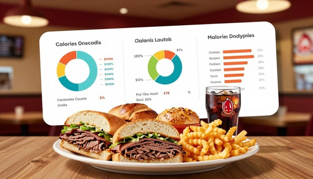 A detailed, visually appealing infographic depicting Arby's nutrition analysis. In the foreground, display a stylized plate of various Arby’s menu items including roast beef sandwiches, curly fries, and a soft drink, arranged artfully. The middle section should include colorful charts and graphs illustrating calorie counts, protein, fats, and other nutritional values in a modern design. The background features a warm, inviting restaurant setting with soft, ambient lighting to create a cozy atmosphere. Use a slightly elevated angle to capture this inviting scene, emphasizing both the food and the informative graphics. The overall mood is informative yet appetizing, designed to engage readers visually while maintaining clarity and focus on nutrition analysis. A detailed, visually appealing infographic depicting Arby's nutrition analysis. In the foreground, display a stylized plate of various Arby’s menu items including roast beef sandwiches, curly fries, and a soft drink, arranged artfully. The middle section should include colorful charts and graphs illustrating calorie counts, protein, fats, and other nutritional values in a modern design. The background features a warm, inviting restaurant setting with soft, ambient lighting to create a cozy atmosphere. Use a slightly elevated angle to capture this inviting scene, emphasizing both the food and the informative graphics. The overall mood is informative yet appetizing, designed to engage readers visually while maintaining clarity and focus on nutrition analysis.