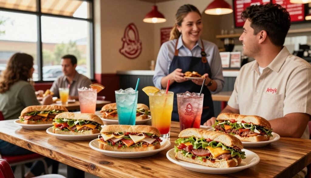 A vibrant Arby's restaurant setting during Happy Hour, showcasing various seasonal and regional menu items vividly displayed on a rustic wooden table. In the foreground, a selection of limited-time regional drinks and sandwiches, featuring colorful sauces and fresh ingredients, arranged invitingly. In the middle ground, friendly staff in smart, casual attire engaging with guests, radiating warmth and hospitality. The background highlights a cozy dining area with stylish decor and warm lighting, creating an inviting atmosphere. Soft sunlight filters through large windows, enhancing the cheerful vibe. Focused shot with a slight tilt-angle for dynamic composition, emphasizing the enticing food and inviting ambiance. A vibrant Arby's restaurant setting during Happy Hour, showcasing various seasonal and regional menu items vividly displayed on a rustic wooden table. In the foreground, a selection of limited-time regional drinks and sandwiches, featuring colorful sauces and fresh ingredients, arranged invitingly. In the middle ground, friendly staff in smart, casual attire engaging with guests, radiating warmth and hospitality. The background highlights a cozy dining area with stylish decor and warm lighting, creating an inviting atmosphere. Soft sunlight filters through large windows, enhancing the cheerful vibe. Focused shot with a slight tilt-angle for dynamic composition, emphasizing the enticing food and inviting ambiance.
