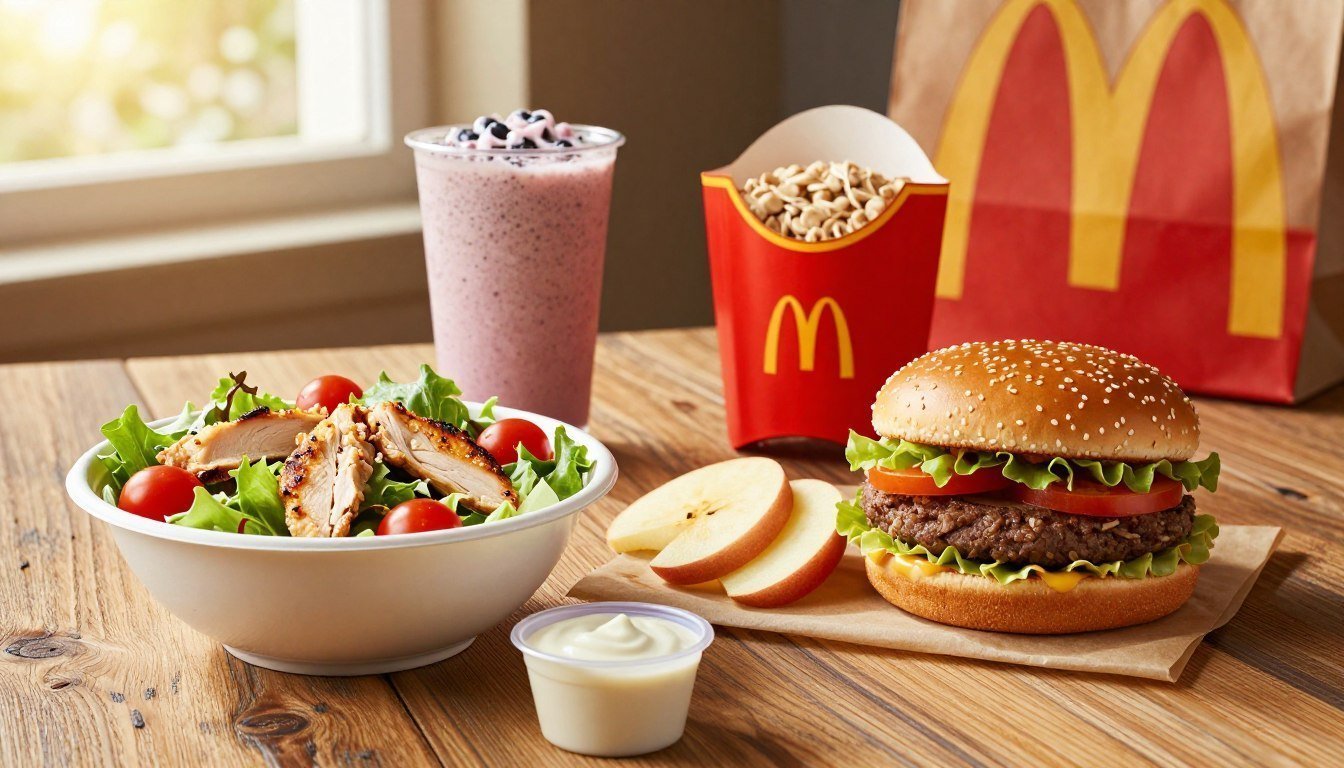 A vibrant McDonald's lunch menu displayed artistically on a rustic wooden table. In the foreground, feature a colorful salad bowl with fresh greens, cherry tomatoes, and grilled chicken, accompanied by a small cup of low-fat dressing. Beside it, a classic McDonald's burger with a whole-grain bun and a side of apple slices. In the middle ground, an assortment of healthier menu options, like a fruit smoothie and oatmeal, creating a diverse and appealing selection. The background softly blurred, with a hint of the iconic yellow and red McDonald's branding and warm, natural sunlight streaming through a nearby window, enhancing the inviting atmosphere. The overall mood is cheerful and health-focused, emphasizing nutritious choices for lunch.