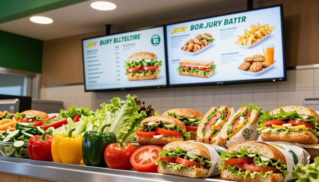 A vibrant Subway menu display featuring a variety of sandwich options, salads, and beverage choices. In the foreground, depict a beautifully arranged selection of fresh ingredients, such as crunchy lettuce, ripe tomatoes, and colorful bell peppers, alongside wrapped sandwiches showcasing different bread types. In the middle, present a digital menu board highlighting popular meal combinations with images of sides like chips and cookies. The background should show a modern Subway restaurant ambiance, with warm lighting and soft textures to create an inviting atmosphere. Use a slight overhead angle to capture the full breadth of the menu items, emphasizing freshness and variety, while ensuring a clean and organized presentation. The mood should be engaging and appetizing, appealing to customers seeking a satisfying meal.