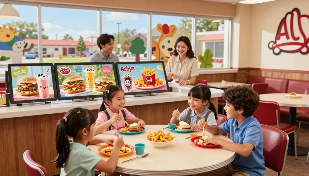 A vibrant and inviting Arby's family-friendly restaurant interior, showcasing a clean, bright atmosphere suitable for children and families. In the foreground, a cheerful family of four is enjoying their meals at a round table, with children happily interacting while holding colorful kid-sized meals. In the middle, the counter displays the appetizing Arby’s kids menu items, emphasizing a variety of fun and healthy options like small sandwiches, curly fries, and milkshakes. In the background, large windows reveal a sunny day outside, with playful decor that includes playful animal illustrations and friendly colors. The lighting is warm and welcoming, creating a cheerful mood. The scene is captured with a slightly elevated angle, simulating a family perspective, making viewers feel immersed in the joyful dining experience. A vibrant and inviting Arby's family-friendly restaurant interior, showcasing a clean, bright atmosphere suitable for children and families. In the foreground, a cheerful family of four is enjoying their meals at a round table, with children happily interacting while holding colorful kid-sized meals. In the middle, the counter displays the appetizing Arby’s kids menu items, emphasizing a variety of fun and healthy options like small sandwiches, curly fries, and milkshakes. In the background, large windows reveal a sunny day outside, with playful decor that includes playful animal illustrations and friendly colors. The lighting is warm and welcoming, creating a cheerful mood. The scene is captured with a slightly elevated angle, simulating a family perspective, making viewers feel immersed in the joyful dining experience.