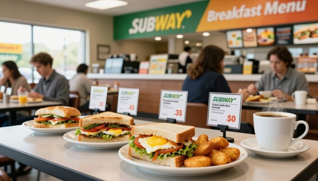 A vibrant and inviting breakfast scene depicting Subway's breakfast menu prices. In the foreground, a neatly arranged table displays a variety of Subway breakfast items, such as a sandwich with egg and vegetables, a side of hash browns, and a cup of fresh coffee. Each item is labeled with visible, but non-distracting price tags. In the middle ground, a well-lit Subway restaurant interior showcases a modern design with colorful signage highlighting "Breakfast Menu" in the background. Soft, natural lighting filters from large windows, creating a warm and welcoming atmosphere. The angle captures the essence of a busy morning, with subtle hints of patrons enjoying their meals in modest, professional attire. The overall mood is cheerful and energizing, embodying the concept of fueling your day right. A vibrant and inviting breakfast scene depicting Subway's breakfast menu prices. In the foreground, a neatly arranged table displays a variety of Subway breakfast items, such as a sandwich with egg and vegetables, a side of hash browns, and a cup of fresh coffee. Each item is labeled with visible, but non-distracting price tags. In the middle ground, a well-lit Subway restaurant interior showcases a modern design with colorful signage highlighting "Breakfast Menu" in the background. Soft, natural lighting filters from large windows, creating a warm and welcoming atmosphere. The angle captures the essence of a busy morning, with subtle hints of patrons enjoying their meals in modest, professional attire. The overall mood is cheerful and energizing, embodying the concept of fueling your day right.
