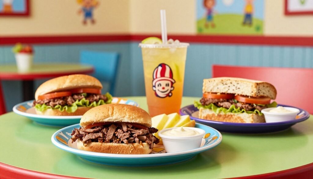 A vibrant and inviting image showcasing a selection of Arby's Kids Menu items, arranged on a colorful, kid-friendly table setting. In the foreground, highlight a balanced meal featuring a small roast beef sandwich, a side of apple slices, and a low-fat dipping sauce, all presented on a playful, cartoon-themed plate. In the middle, add a bright, refreshing drink in a fun cup, designed for children. The background features a soft-focus restaurant interior, decorated with cheerful colors and playful artwork, evoking a warm and welcoming atmosphere. The lighting is bright and soft, enhancing the appetizing look of the food. Capture the spirit of family-friendly dining, ensuring a wholesome feel that appeals to parents looking for healthier meal options for their children. A vibrant and inviting image showcasing a selection of Arby's Kids Menu items, arranged on a colorful, kid-friendly table setting. In the foreground, highlight a balanced meal featuring a small roast beef sandwich, a side of apple slices, and a low-fat dipping sauce, all presented on a playful, cartoon-themed plate. In the middle, add a bright, refreshing drink in a fun cup, designed for children. The background features a soft-focus restaurant interior, decorated with cheerful colors and playful artwork, evoking a warm and welcoming atmosphere. The lighting is bright and soft, enhancing the appetizing look of the food. Capture the spirit of family-friendly dining, ensuring a wholesome feel that appeals to parents looking for healthier meal options for their children.