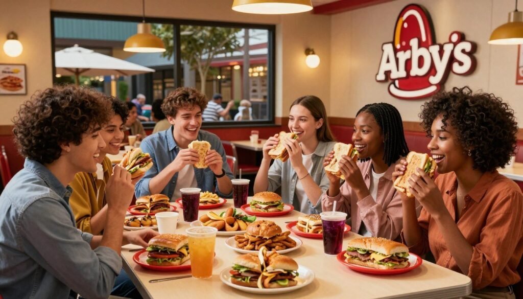 A vibrant and inviting scene at an Arby's restaurant during Happy Hour. In the foreground, a cheerful group of diverse friends, dressed in casual yet tidy attire, enjoying an array of signature sandwiches and drinks on a table filled with colorful, mouth-watering food. The middle ground showcases the stylish Arby's interior with warm, welcoming lighting that complements the rich colors of the food. In the background, a large window reveals an inviting outdoor patio, where more guests are seated. The atmosphere is lively and relaxed, emphasizing the joyous experience of dining during Happy Hour. The image captures an inviting ambiance, highlighting the delicious menu offerings without any text or distractions. A vibrant and inviting scene at an Arby's restaurant during Happy Hour. In the foreground, a cheerful group of diverse friends, dressed in casual yet tidy attire, enjoying an array of signature sandwiches and drinks on a table filled with colorful, mouth-watering food. The middle ground showcases the stylish Arby's interior with warm, welcoming lighting that complements the rich colors of the food. In the background, a large window reveals an inviting outdoor patio, where more guests are seated. The atmosphere is lively and relaxed, emphasizing the joyous experience of dining during Happy Hour. The image captures an inviting ambiance, highlighting the delicious menu offerings without any text or distractions.