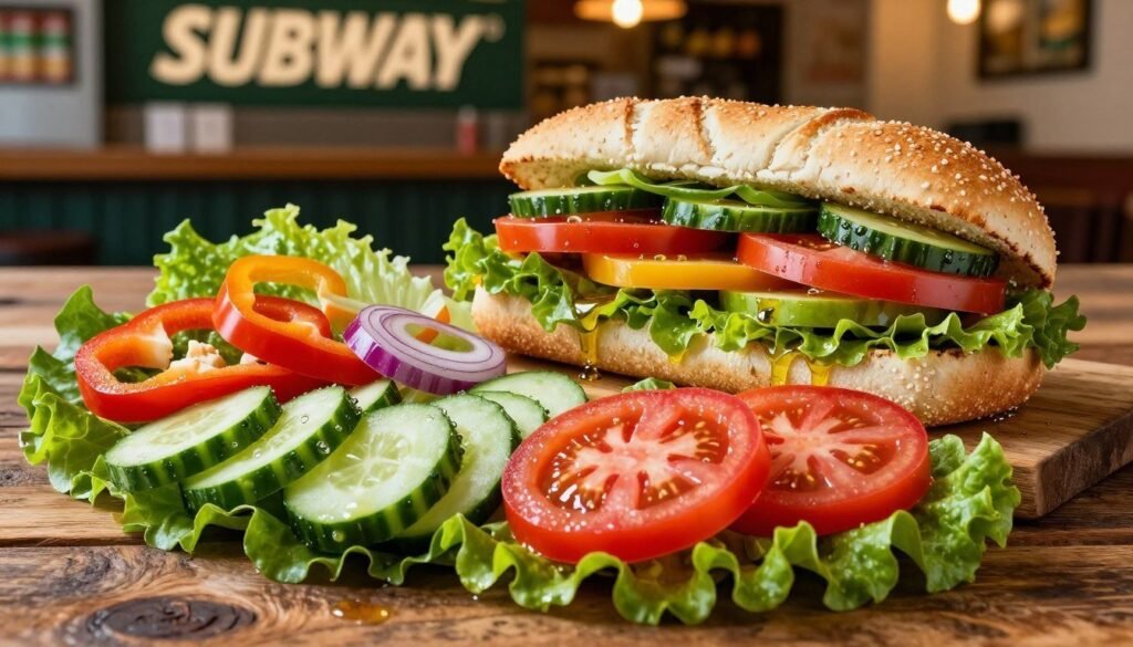 A vibrant assortment of fresh Subway veggie options laid out on a rustic wooden tabletop. In the foreground, showcase a colorful platter filled with sliced cucumbers, bell peppers, ripe tomatoes, leafy romaine lettuce, and red onions, all glistening with dew. In the middle ground, feature an inviting Subway sandwich with a variety of these veggies piled high and a drizzle of olive oil, emphasizing the plant-based alternatives. The background should include a subtle, blurred representation of a Subway shop interior, with warm lighting casting a soft glow, creating a cozy, inviting atmosphere. The overall mood is fresh, healthy, and appetizing, ideal for showcasing nutritious eating choices. The perspective should be slightly above eye level, capturing a dynamic and lively feel while focusing on the colorful ingredients. A vibrant assortment of fresh Subway veggie options laid out on a rustic wooden tabletop. In the foreground, showcase a colorful platter filled with sliced cucumbers, bell peppers, ripe tomatoes, leafy romaine lettuce, and red onions, all glistening with dew. In the middle ground, feature an inviting Subway sandwich with a variety of these veggies piled high and a drizzle of olive oil, emphasizing the plant-based alternatives. The background should include a subtle, blurred representation of a Subway shop interior, with warm lighting casting a soft glow, creating a cozy, inviting atmosphere. The overall mood is fresh, healthy, and appetizing, ideal for showcasing nutritious eating choices. The perspective should be slightly above eye level, capturing a dynamic and lively feel while focusing on the colorful ingredients.