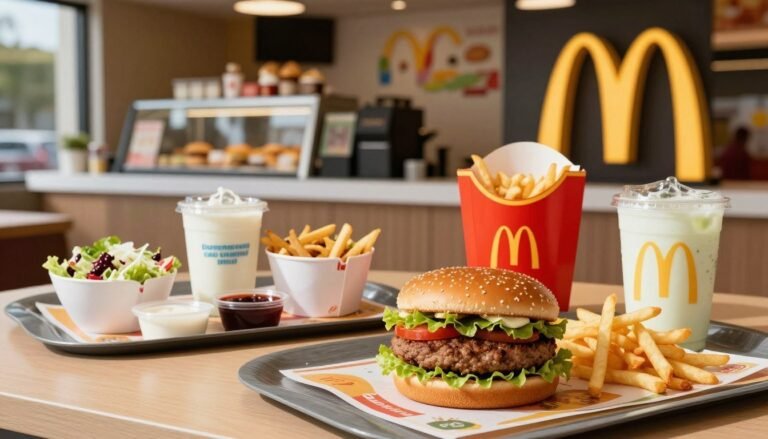 A vibrant, inviting layout of a McDonald's restaurant showcasing a variety of visually appealing dairy-free meal options. In the foreground, a colorful spread includes a dairy-free burger with a fresh bun, crispy lettuce, and an enticing vegan patty, paired with crispy fries and a refreshing beverage. In the middle ground, a clean McDonald's counter displays additional dairy-free choices such as salads and dipping sauces, all presented on branded trays. The background features the iconic golden arches and cheerful decor, creating a welcoming atmosphere. Natural lighting filters in through the windows, casting soft shadows and enhancing the food's textures. The mood is friendly and accessible, embodying the theme of allergen-friendly dining options, without any people present, focusing solely on the delicious offerings.