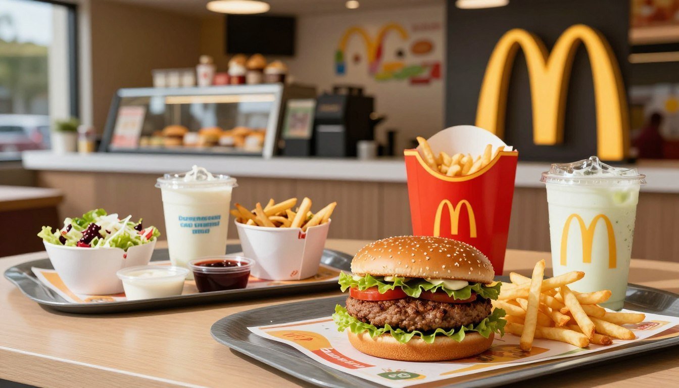 A vibrant, inviting layout of a McDonald's restaurant showcasing a variety of visually appealing dairy-free meal options. In the foreground, a colorful spread includes a dairy-free burger with a fresh bun, crispy lettuce, and an enticing vegan patty, paired with crispy fries and a refreshing beverage. In the middle ground, a clean McDonald's counter displays additional dairy-free choices such as salads and dipping sauces, all presented on branded trays. The background features the iconic golden arches and cheerful decor, creating a welcoming atmosphere. Natural lighting filters in through the windows, casting soft shadows and enhancing the food's textures. The mood is friendly and accessible, embodying the theme of allergen-friendly dining options, without any people present, focusing solely on the delicious offerings.