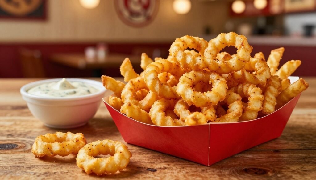 In the foreground, highlight a generous serving of Arby's famous curly fries, their golden-brown, spiral shapes glistening with a light sheen of seasoning. The fries should be temptingly piled high in a classic Arby’s red paper "fry" container, with a few pieces casually spilling onto a rustic wooden table. In the middle ground, softly blurred, include a small bowl of dipping sauce, complementing the vibrant colors of the fries. The background should feature a cozy, well-lit Arby’s restaurant ambiance, with warm tones and soft, inviting lighting enhancing the overall mood. The image should convey a sense of comfort and indulgence, making the viewer crave the deliciousness of these iconic sides, captured at a slight overhead angle to emphasize the texture and appeal of the fries. In the foreground, highlight a generous serving of Arby's famous curly fries, their golden-brown, spiral shapes glistening with a light sheen of seasoning. The fries should be temptingly piled high in a classic Arby’s red paper "fry" container, with a few pieces casually spilling onto a rustic wooden table. In the middle ground, softly blurred, include a small bowl of dipping sauce, complementing the vibrant colors of the fries. The background should feature a cozy, well-lit Arby’s restaurant ambiance, with warm tones and soft, inviting lighting enhancing the overall mood. The image should convey a sense of comfort and indulgence, making the viewer crave the deliciousness of these iconic sides, captured at a slight overhead angle to emphasize the texture and appeal of the fries.