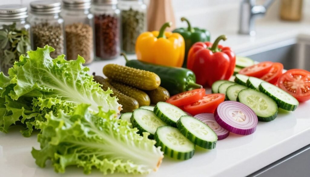 Vibrant and colorful display of fresh subway veggie toppings arranged on a clean white countertop. In the foreground, emphasize crisp lettuce leaves, plump tomatoes, crunchy cucumbers, and thinly sliced red onions, artfully layered and bursting with color. The middle section features an assortment of pickles, jalapeños, and colorful bell peppers in an organized but casual manner, inviting a sense of freshness. The background could softly blur to highlight a variety of herb and spice jars, enhancing the healthy theme. Use natural lighting that casts gentle shadows, creating a fresh and inviting atmosphere. Capture the scene with a shallow depth of field, focusing sharply on the veggies while slightly blurring the background elements for an artistic touch. Vibrant and colorful display of fresh subway veggie toppings arranged on a clean white countertop. In the foreground, emphasize crisp lettuce leaves, plump tomatoes, crunchy cucumbers, and thinly sliced red onions, artfully layered and bursting with color. The middle section features an assortment of pickles, jalapeños, and colorful bell peppers in an organized but casual manner, inviting a sense of freshness. The background could softly blur to highlight a variety of herb and spice jars, enhancing the healthy theme. Use natural lighting that casts gentle shadows, creating a fresh and inviting atmosphere. Capture the scene with a shallow depth of field, focusing sharply on the veggies while slightly blurring the background elements for an artistic touch.