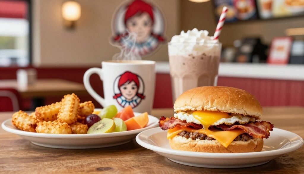 A beautifully arranged Wendy's breakfast menu spread, showcasing an array of delectable items in the foreground, including a fresh, fluffy breakfast sandwich with an egg, bacon, and cheese, golden crispy hash browns, and a vibrant side of seasonal fruit. In the middle, a steaming cup of coffee and a refreshing smoothie add to the enticing scene. The background features a softly blurred Wendy's restaurant interior with warm lighting, creating a cozy morning atmosphere. Use a shallow depth of field to emphasize the food while keeping the background subtly visible. The overall mood should be inviting and energetic, capturing the essence of a flavorful breakfast that welcomes the day. A beautifully arranged Wendy's breakfast menu spread, showcasing an array of delectable items in the foreground, including a fresh, fluffy breakfast sandwich with an egg, bacon, and cheese, golden crispy hash browns, and a vibrant side of seasonal fruit. In the middle, a steaming cup of coffee and a refreshing smoothie add to the enticing scene. The background features a softly blurred Wendy's restaurant interior with warm lighting, creating a cozy morning atmosphere. Use a shallow depth of field to emphasize the food while keeping the background subtly visible. The overall mood should be inviting and energetic, capturing the essence of a flavorful breakfast that welcomes the day.