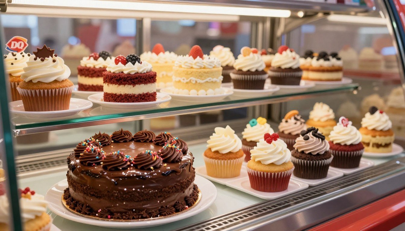 A beautifully arranged display of Dairy Queen cakes and cupcakes in a vibrant dessert showcase. In the foreground, an enticing round chocolate cake with rich chocolate frosting and colorful sprinkles sits elegantly on a white plate, glistening under soft, warm lighting. Nearby, several cupcakes in various flavors, such as vanilla, red velvet, and cookies & cream, are topped with fluffy frosting and decorative toppings, inviting indulgence. In the middle, a glass case showcases additional cakes with different designs and vibrant colors, enhancing the inviting atmosphere. The background features a softly blurred Dairy Queen shop interior, laced with gentle sunlight coming through the windows, creating a cozy and inviting vibe. The scene evokes a sense of joy and celebration, perfect for dessert lovers.