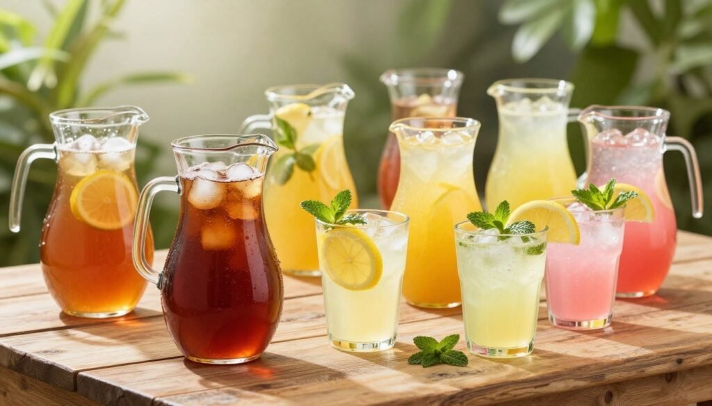 A beautifully arranged display of Wendy's fresh-brewed teas and lemonades, featuring an assortment of colorful glass pitchers filled with vibrant iced teas in hues of amber and deep brown, alongside bright lemonades in shades of sunny yellow and refreshing pink. The foreground showcases garnished glasses with fresh lemon slices and sprigs of mint, glistening with condensation. In the middle, a rustic wooden table with subtle texture adds warmth, enhancing the inviting atmosphere of a relaxing summer day. The background features soft, blurred greenery and sunlight filtering through leaves, creating a tranquil outdoor setting. The lighting is bright and cheerful, reminiscent of a sunny afternoon, captured with a shallow depth of field to emphasize the drinks. A beautifully arranged display of Wendy's fresh-brewed teas and lemonades, featuring an assortment of colorful glass pitchers filled with vibrant iced teas in hues of amber and deep brown, alongside bright lemonades in shades of sunny yellow and refreshing pink. The foreground showcases garnished glasses with fresh lemon slices and sprigs of mint, glistening with condensation. In the middle, a rustic wooden table with subtle texture adds warmth, enhancing the inviting atmosphere of a relaxing summer day. The background features soft, blurred greenery and sunlight filtering through leaves, creating a tranquil outdoor setting. The lighting is bright and cheerful, reminiscent of a sunny afternoon, captured with a shallow depth of field to emphasize the drinks.