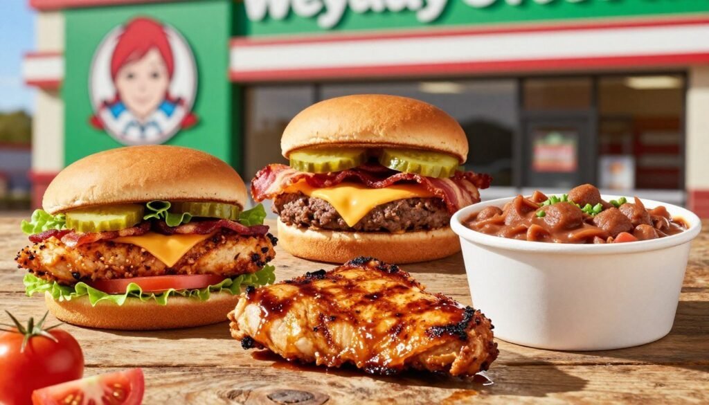 A beautifully arranged display of Wendy's gluten-free protein options, featuring a juicy grilled chicken sandwich without the bun, a crispy bacon cheeseburger made with gluten-free ingredients, and a hearty chili bowl, all set on a rustic wooden table. In the foreground, the grilled chicken glistens with a light BBQ glaze, accompanied by fresh lettuce and tomatoes. In the middle, the cheeseburger is garnished with fresh pickles and melted cheese. Soft natural lighting casts a warm glow over the scene, emphasizing the delicious textures and colors. In the background, a blurred view of a Wendy's restaurant with green and red branding. The atmosphere is inviting and appetizing, enticing viewers to explore healthier options.