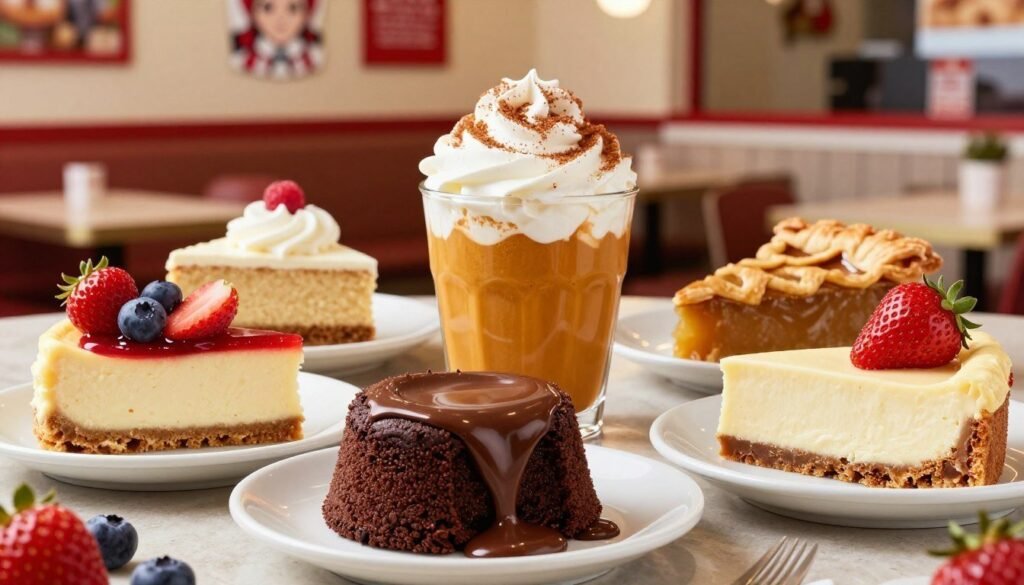 A beautifully arranged display of Wendy's seasonal desserts, featuring a variety of vibrant, indulgent treats. In the foreground, a rich chocolate lava cake oozes with molten chocolate, flanked by a creamy strawberry cheesecake adorned with fresh berries. In the middle, an elegant cup of pumpkin spice mousse topped with whipped cream and a sprinkle of cinnamon, alongside a festive apple pie slice with a flaky crust. The background is a soft-focus, warmly lit Wendy's restaurant interior with cozy seating and seasonal decorations, creating an inviting atmosphere. Use a close-up angle to capture the intricate details of the desserts, highlighting textures and colors, with warm, natural lighting that enhances the appetizing appeal. The overall mood is festive and inviting, perfect for seasonal indulgence.