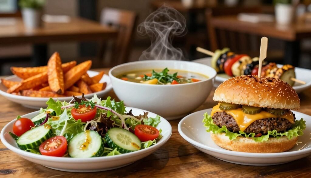 A vibrant arrangement of appealing vegetarian menu options displayed on a rustic wooden table. In the foreground, showcase a colorful salad with fresh greens, cherry tomatoes, and sliced cucumbers, garnished with a light vinaigrette. Beside it, include a crispy, golden-brown veggie burger, oozing with melted cheese and topped with lettuce and pickles. In the middle, a cheerful bowl of hearty vegetable soup, steam rising gently, adorned with fresh herbs. In the background, softly blurred, a cozy restaurant setting with warm, inviting lighting and hints of other veggie meal options, like sweet potato fries and grilled vegetable skewers. The atmosphere is welcoming and casual, perfect for those seeking delicious vegetarian treats on a budget, captured with a shallow depth of field to emphasize the foreground dishes. A vibrant arrangement of appealing vegetarian menu options displayed on a rustic wooden table. In the foreground, showcase a colorful salad with fresh greens, cherry tomatoes, and sliced cucumbers, garnished with a light vinaigrette. Beside it, include a crispy, golden-brown veggie burger, oozing with melted cheese and topped with lettuce and pickles. In the middle, a cheerful bowl of hearty vegetable soup, steam rising gently, adorned with fresh herbs. In the background, softly blurred, a cozy restaurant setting with warm, inviting lighting and hints of other veggie meal options, like sweet potato fries and grilled vegetable skewers. The atmosphere is welcoming and casual, perfect for those seeking delicious vegetarian treats on a budget, captured with a shallow depth of field to emphasize the foreground dishes.