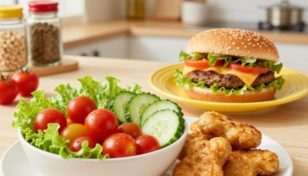 A vibrant arrangement of fresh, high-quality ingredients that typify Wendy's children’s meals. In the foreground, a playful bowl filled with colorful cherry tomatoes, crisp lettuce, and juicy sliced cucumbers, surrounded by perfectly grilled chicken nuggets. The middle ground features a bright, inviting plate of a cheeseburger with fresh vegetables peeking out, with an open bun revealing a mouthwatering patty. In the background, a cheerful kitchen setting bathed in warm, natural light highlights the wholesome theme, with jars of spices and neatly arranged ingredients to evoke a sense of care and quality. The atmosphere is bright and cheery, appealing to children and parents alike, conveying a message of nutritious, delicious meals. Use a soft focus to emphasize the freshness of the ingredients and the inviting atmosphere. A vibrant arrangement of fresh, high-quality ingredients that typify Wendy's children’s meals. In the foreground, a playful bowl filled with colorful cherry tomatoes, crisp lettuce, and juicy sliced cucumbers, surrounded by perfectly grilled chicken nuggets. The middle ground features a bright, inviting plate of a cheeseburger with fresh vegetables peeking out, with an open bun revealing a mouthwatering patty. In the background, a cheerful kitchen setting bathed in warm, natural light highlights the wholesome theme, with jars of spices and neatly arranged ingredients to evoke a sense of care and quality. The atmosphere is bright and cheery, appealing to children and parents alike, conveying a message of nutritious, delicious meals. Use a soft focus to emphasize the freshness of the ingredients and the inviting atmosphere.