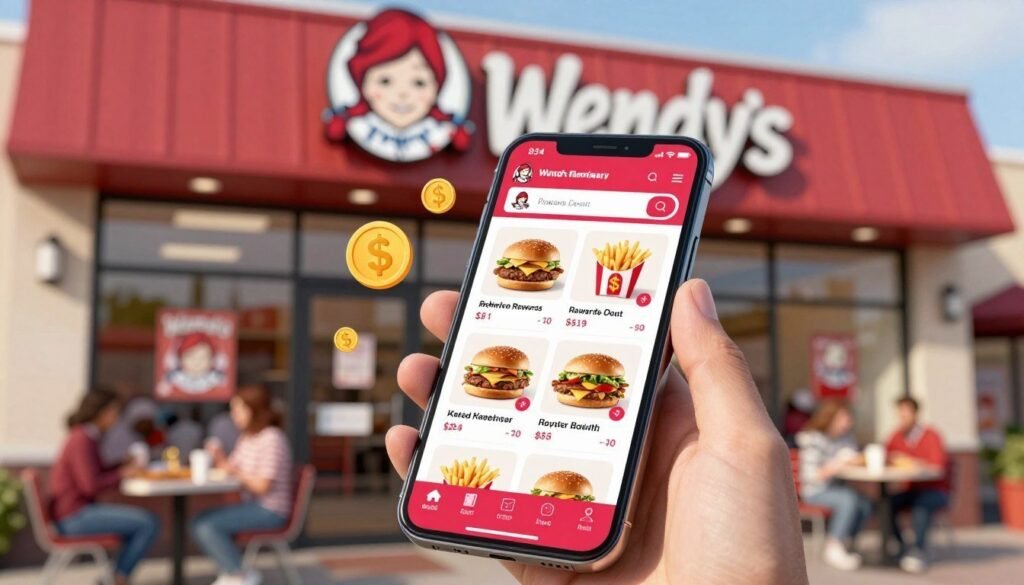 A visually engaging depiction of Wendy's app rewards program, showcasing a smartphone displaying the app interface prominently in the foreground. The phone should feature colorful images of menu items, like hamburgers and fries, with a rewards points balance visible. In the middle ground, illustrated graphics of dollar signs and coins should symbolize savings. The background should feature a modern Wendy's restaurant exterior, with subtle hints of customers enjoying their meals, all captured in warm, inviting natural lighting to evoke a sense of community and satisfaction. The angle should be slightly elevated, making the app interface the focal point while giving context to the environment. The overall mood should be upbeat and cheerful, reflecting the excitement of maximizing savings through the loyalty program. A visually engaging depiction of Wendy's app rewards program, showcasing a smartphone displaying the app interface prominently in the foreground. The phone should feature colorful images of menu items, like hamburgers and fries, with a rewards points balance visible. In the middle ground, illustrated graphics of dollar signs and coins should symbolize savings. The background should feature a modern Wendy's restaurant exterior, with subtle hints of customers enjoying their meals, all captured in warm, inviting natural lighting to evoke a sense of community and satisfaction. The angle should be slightly elevated, making the app interface the focal point while giving context to the environment. The overall mood should be upbeat and cheerful, reflecting the excitement of maximizing savings through the loyalty program.