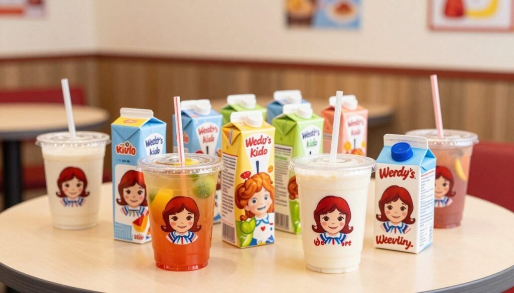 A well-arranged table showcasing Wendy's kid's drinks, featuring colorful cups of milk, juice, and playful kid-friendly beverages. In the foreground, a vibrant cup filled with a fruity drink sits next to a classic milk carton adorned with cheerful graphics. In the middle, a row of juice boxes with fun designs and straws stands out, creating a lively atmosphere. In the background, a blurred view of a fast-food restaurant interior, with soft, warm lighting that creates an inviting and cheerful mood. The scene captures a family-friendly setting, ideal for children, with colorful accents and appealing presentations that attract young customers. Use a slightly elevated perspective to capture the arrangement and highlight the drinks effectively. A well-arranged table showcasing Wendy's kid's drinks, featuring colorful cups of milk, juice, and playful kid-friendly beverages. In the foreground, a vibrant cup filled with a fruity drink sits next to a classic milk carton adorned with cheerful graphics. In the middle, a row of juice boxes with fun designs and straws stands out, creating a lively atmosphere. In the background, a blurred view of a fast-food restaurant interior, with soft, warm lighting that creates an inviting and cheerful mood. The scene captures a family-friendly setting, ideal for children, with colorful accents and appealing presentations that attract young customers. Use a slightly elevated perspective to capture the arrangement and highlight the drinks effectively.