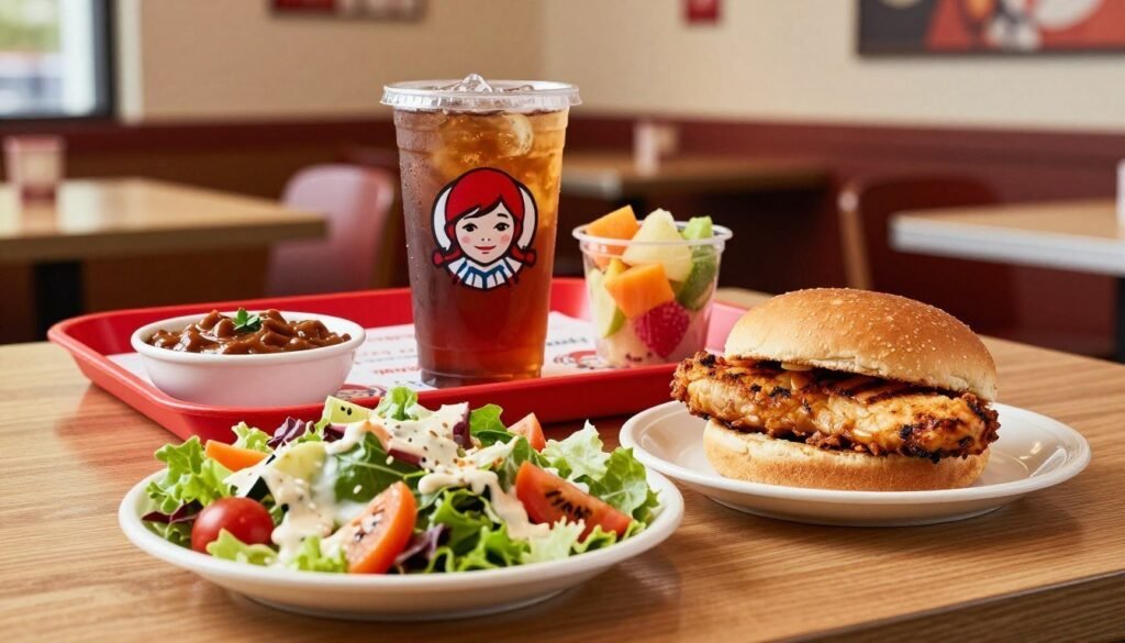 A well-lit, appetizing display of Wendy's diet-friendly food options arranged on a sleek wooden table. In the foreground, a vibrant salad topped with fresh vegetables and a light dressing, alongside a small bowl of chili and a grilled chicken sandwich without a bun. In the middle, a bright red Wendy's tray holding a clear cup of unsweetened iced tea and a small, colorful fruit cup. The background features a softly blurred restaurant interior with warm lighting, enhancing the inviting atmosphere. The overall mood is health-conscious and refreshing, appealing to those with special dietary needs. Use a shallow depth of field to focus on the food, capturing its textures and colors vividly.