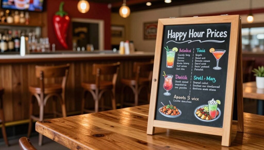 A vibrant and inviting "Happy Hour Prices" menu displayed on a rustic wooden table at a Chili's restaurant. In the foreground, a colorful chalkboard stands, elegantly listing discounted drink specials and appetizers, showcasing appealing graphics of cocktails and food. In the middle ground, a stylish bar area with wooden stools and warm ambient lighting enhances the welcoming atmosphere. The background features a cozy dining area with vibrant chili pepper decor, adding to the restaurant’s lively ambiance. Soft evening light filters in, creating a cheerful mood that highlights the rich colors of the drinks and food items. The image is captured with a slight angle to emphasize depth, using a warm color palette to evoke a sense of relaxation and enjoyment during happy hour.