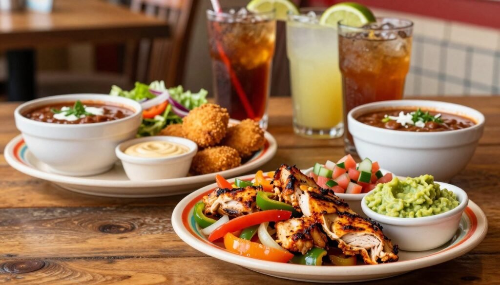 A vibrant and inviting display of Chili's lunch specials spread across a rustic wooden table. In the foreground, feature a colorful plate of fresh, sizzling fajitas with vibrant bell peppers, onions, and marinated chicken, accompanied by guacamole and pico de gallo. In the middle, add classic Chili's crispy chicken crispers with a side of honey mustard dipping sauce, paired with a bowl of chili and a fresh garden salad. In the background, softly blurred, include an assortment of drinks like iced tea and margaritas in frosty glasses, enhancing the lunchtime atmosphere. Use warm, natural lighting to create a welcoming feel, capturing the essence of a busy Chili's restaurant lunch scene. Emphasize a cheerful and appetizing ambiance suitable for a midday dining experience.