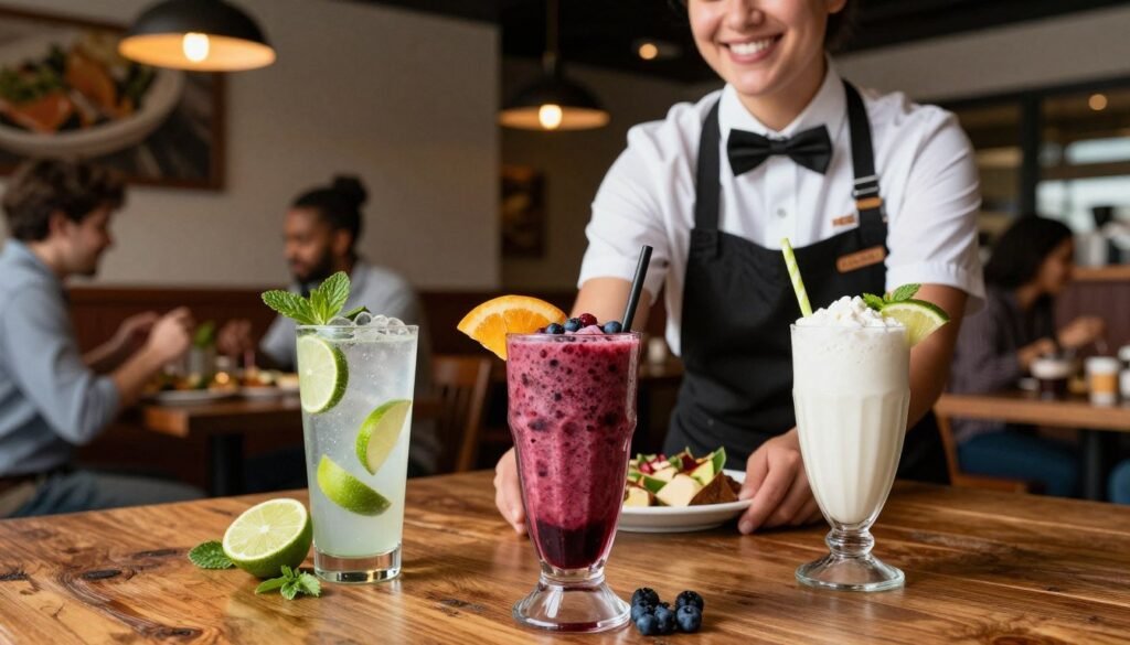 A vibrant display of allergen-friendly beverages at Chili's, arranged on a rustic wooden table in a cozy restaurant setting. In the foreground, a colorful selection of drinks: a refreshing lime-infused sparkling water, a rich berry smoothie, and a creamy coconut milkshake, all garnished with fresh fruit and herbs. In the middle ground, a soft-focus view of a friendly server in a professional uniform, smiling, while presenting the drinks with care. The background features a warm ambiance with dim lighting, showcasing stylish interior decor and satisfied diners enjoying their meals. The overall mood is welcoming and inclusive, emphasizing a safe dining experience for all guests with allergen considerations. The image captures the essence of Chili's commitment to accommodating diverse dietary needs in a cheerful and inviting atmosphere.